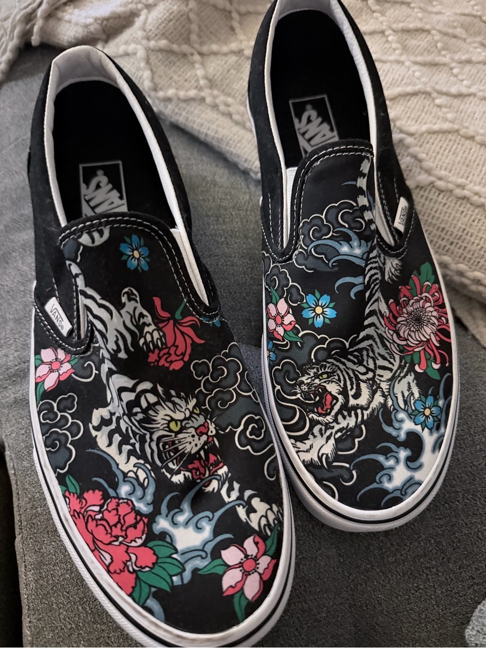 Vans Black Slip-On Sneakers with Tiger & Floral Print
